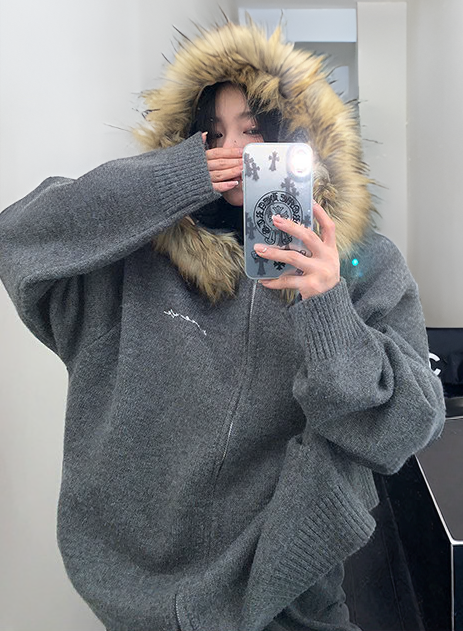 Faux Fur Hood Knit Jacket / OS10374