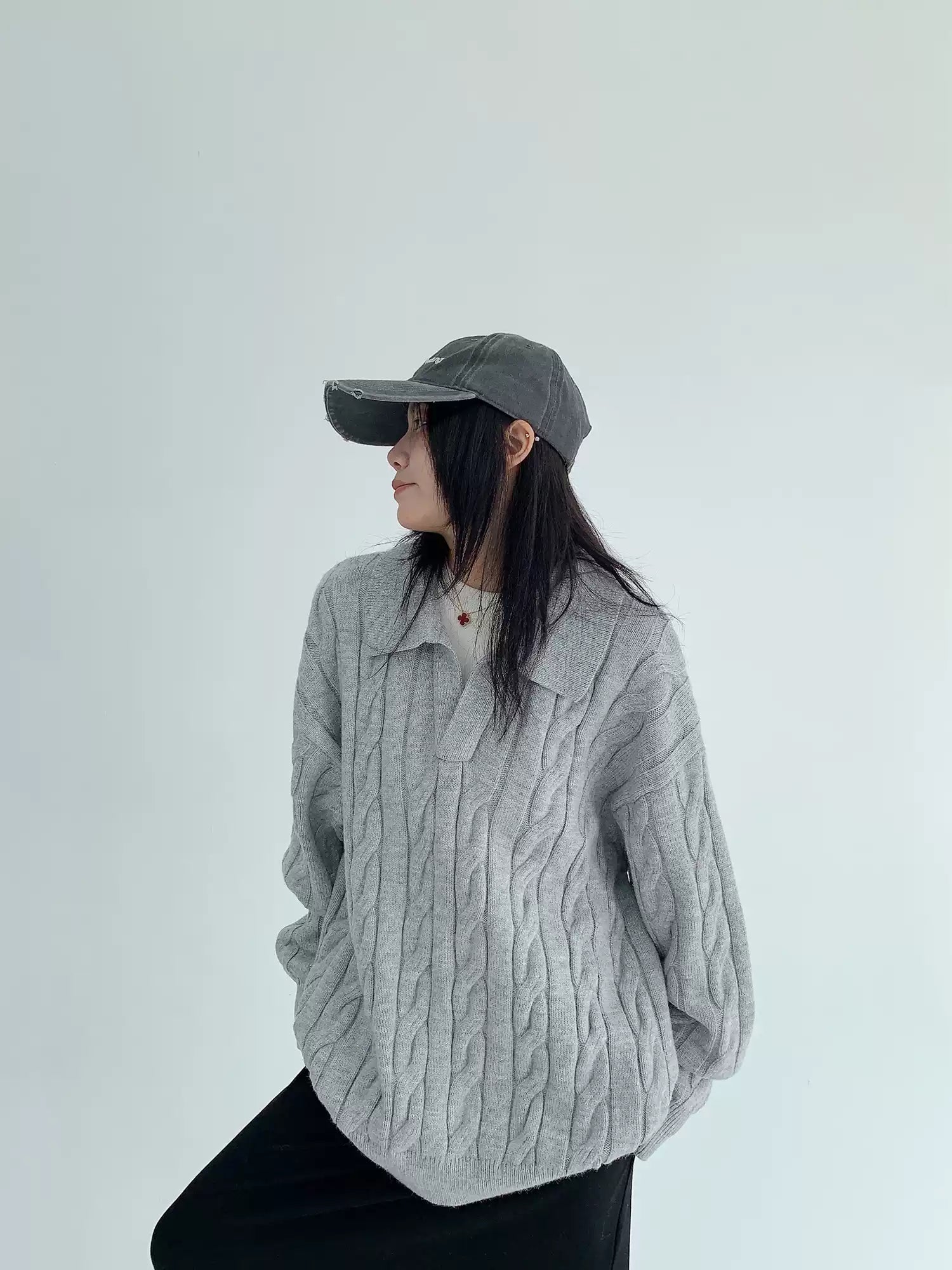 Cable Knit Collar Top / OS10328