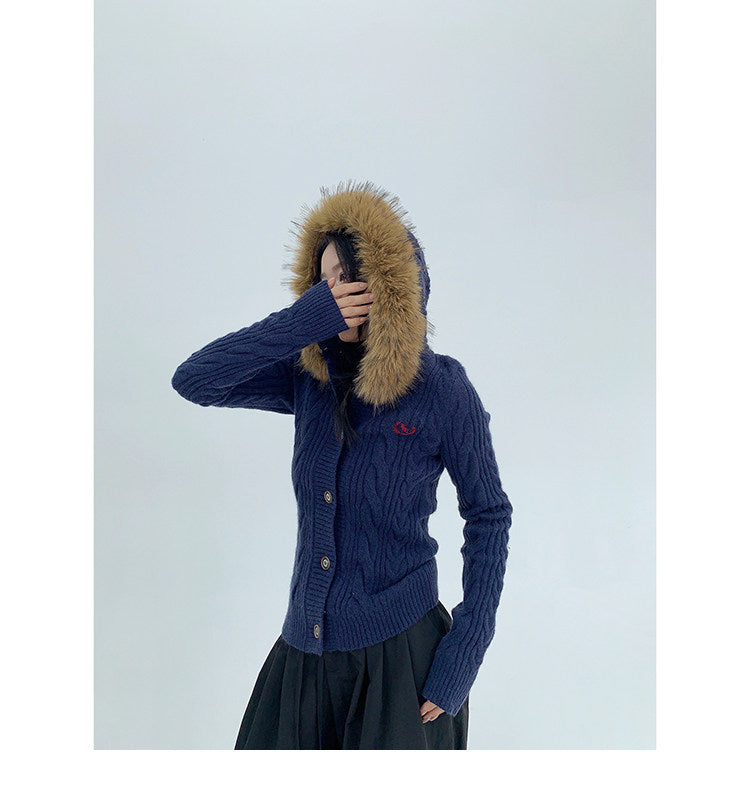 Fur Hood Knit Cardigan / OS10347
